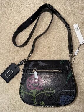 Marc Jacobs Rare Black Floral Nomad Leather Crossbody Bag Purse Saddle Small NWT